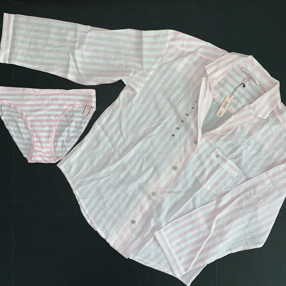 Victoria's Secret 32DDD BRA SET panty+PJ SHIRT WHITE pink stripe signature BODY